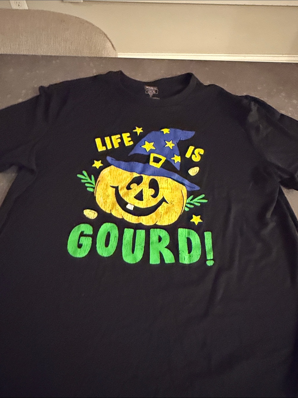 Halloween Pumpkin Graphic Tee - Black with Yellow Pumpkin and Green Text BNWOT
